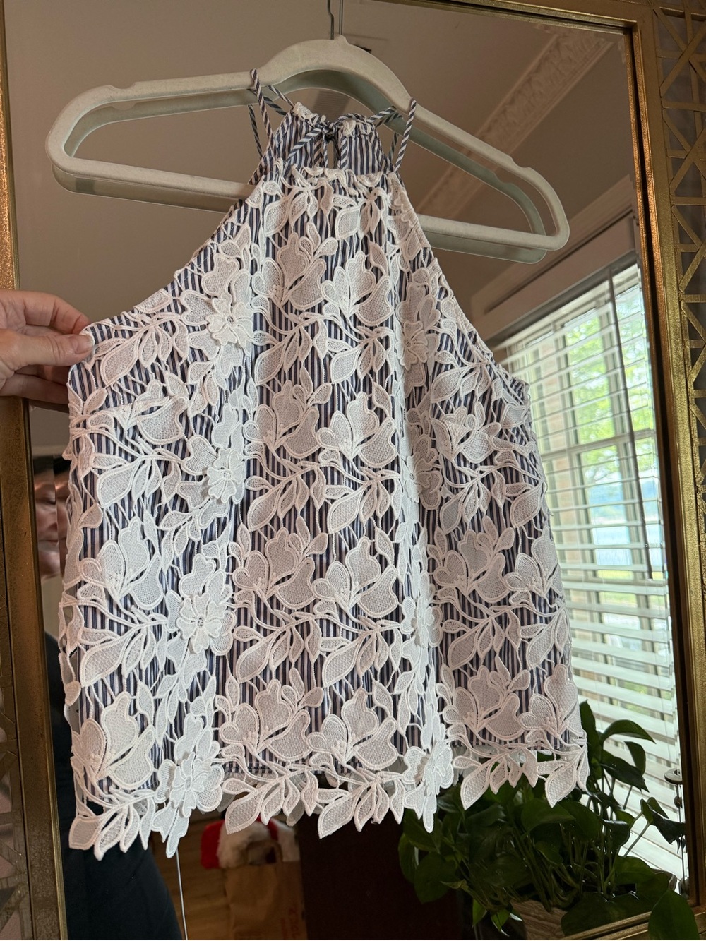INTERMIX Navy and White Striped Halter Tank with Lace Trim